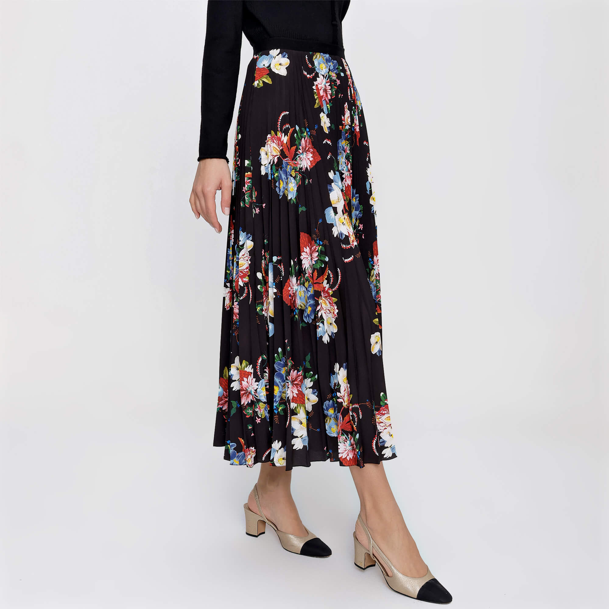 Erdem - Black Floral Print Pleated Midi Skirt